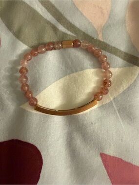Pink Beaded Stretch Bracelet with Gold Curved Bar